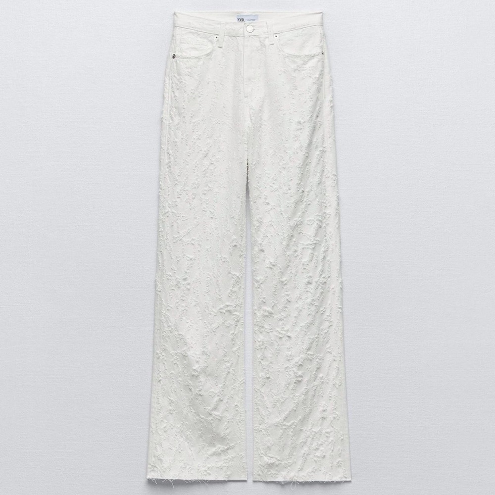 Zara Textured Cream Wide Leg Jeans